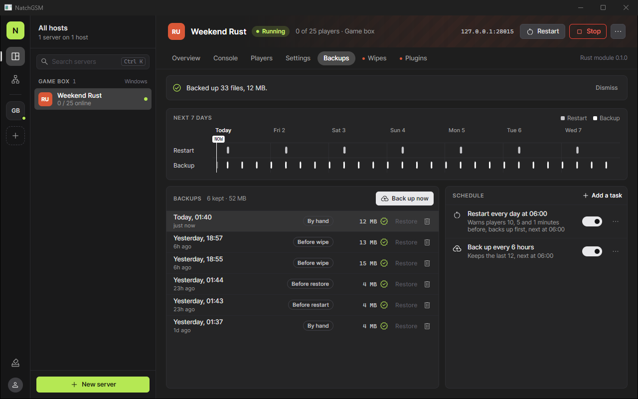 The Backups tab: a week of restarts and backups on a timeline, the checked backups with their sizes and the schedule