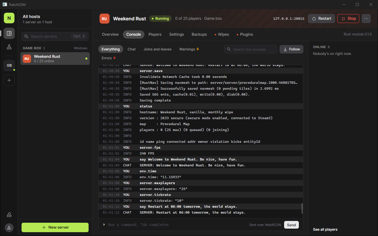 A Rust server's live console with commands sent over RCON and their replies
