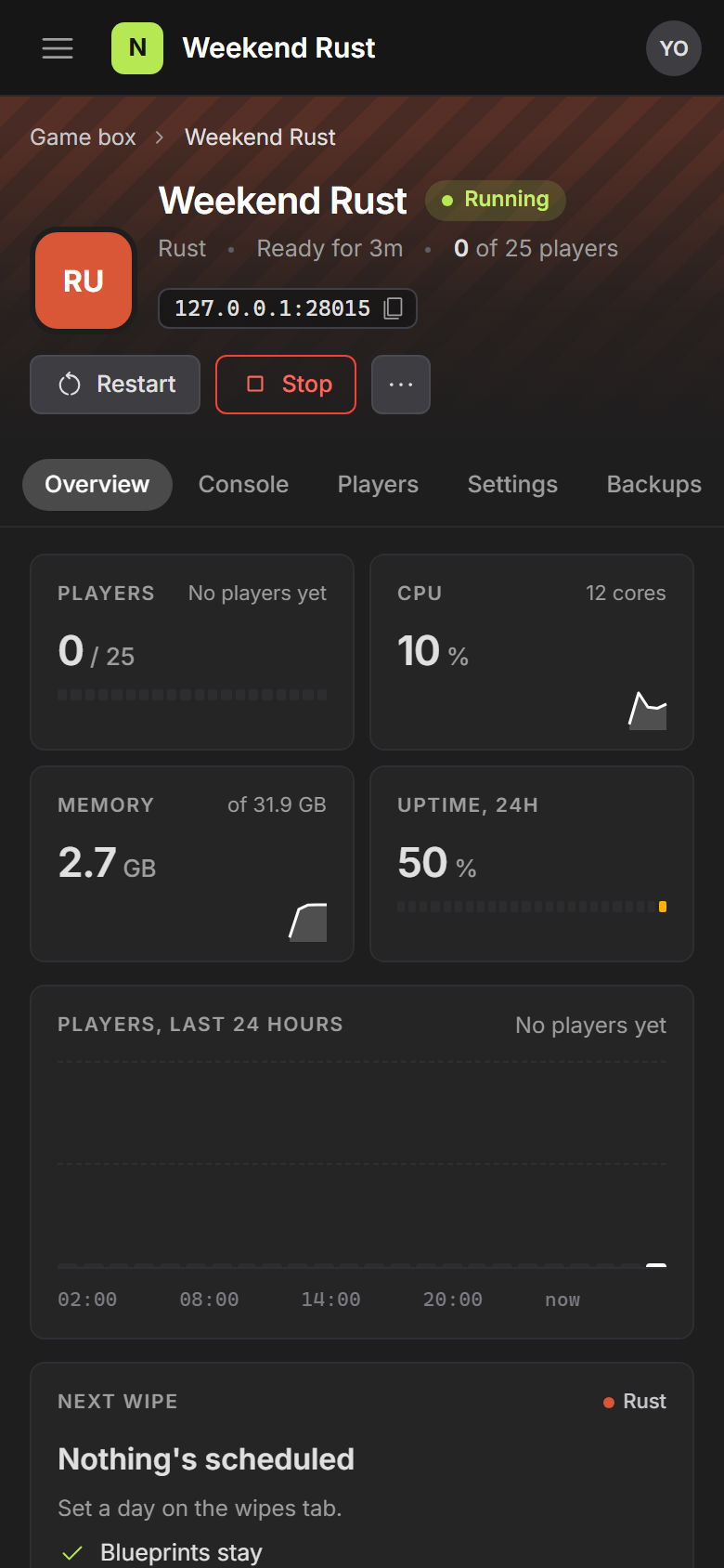 The web dashboard on a phone, showing a Rust server's overview