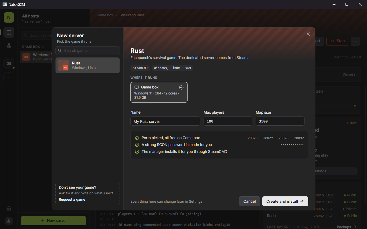 The New server dialog with Rust picked, where it runs, its name and the checks it's done
