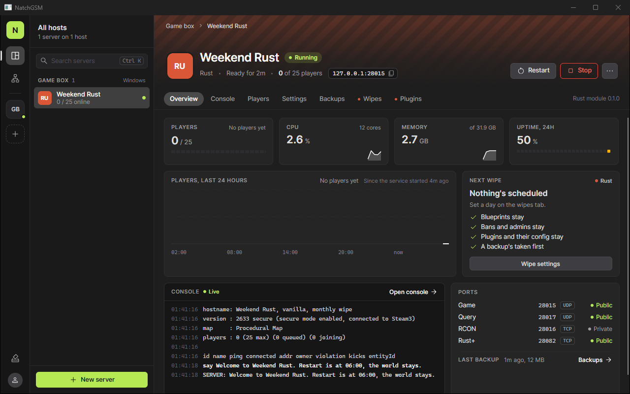 The app showing a Rust server's overview: players, CPU, memory, uptime, the last 24 hours, the live console and its ports