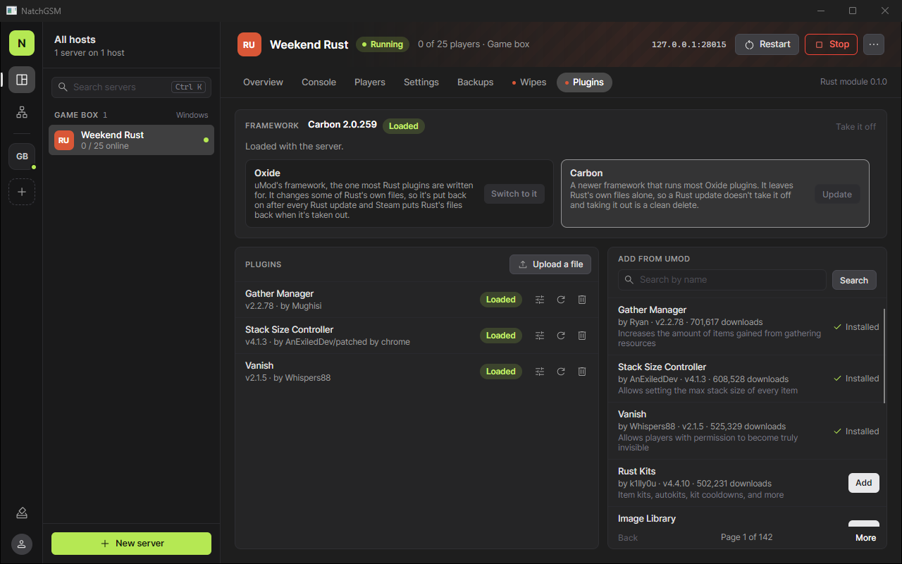 The Plugins tab of a Rust server: Carbon loaded, three plugins from uMod loaded and the catalog beside them