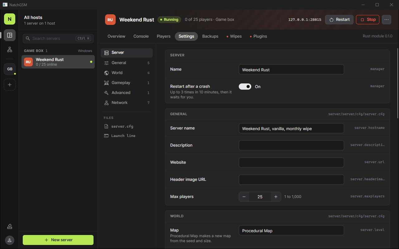 A Rust server's settings as a form, grouped into sections, each row with the config key it writes